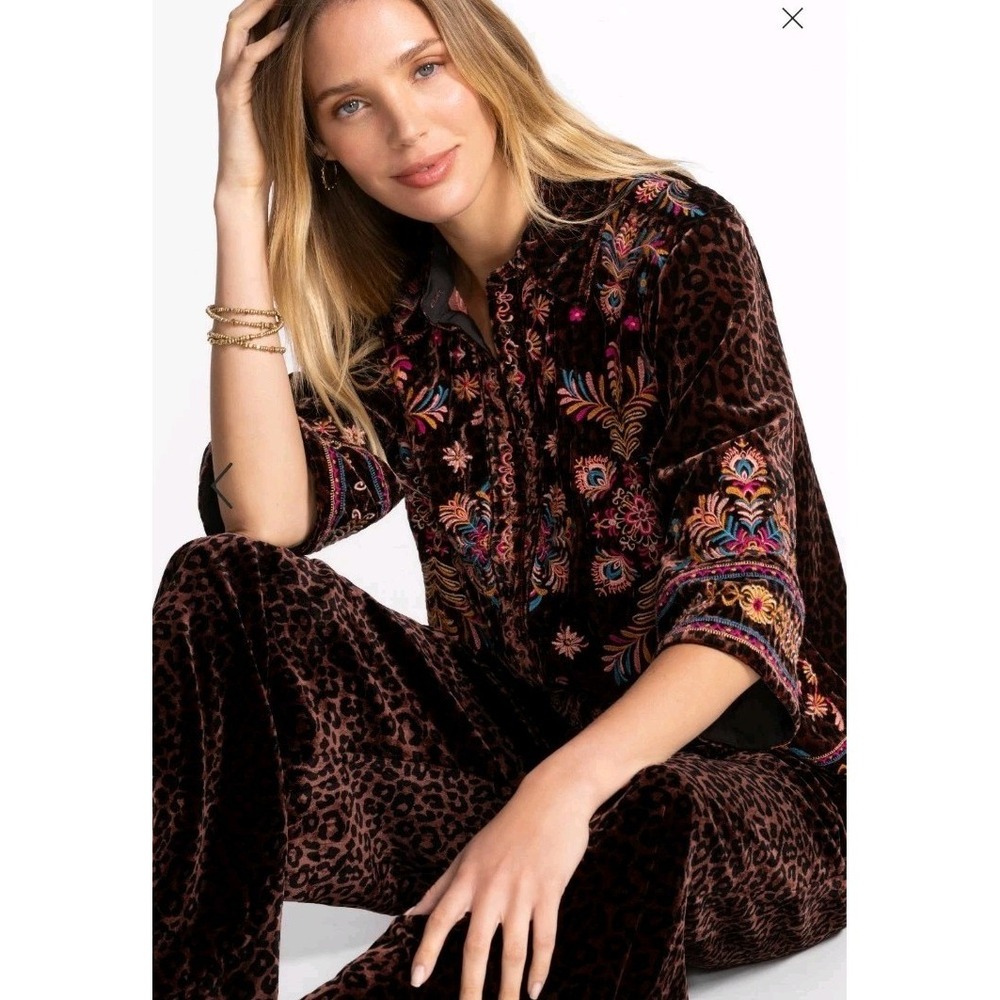 Johnny Was Brandi Velvet Leopard Embroidered Kimono Boho Edgy‎ Top & Pants XXL
